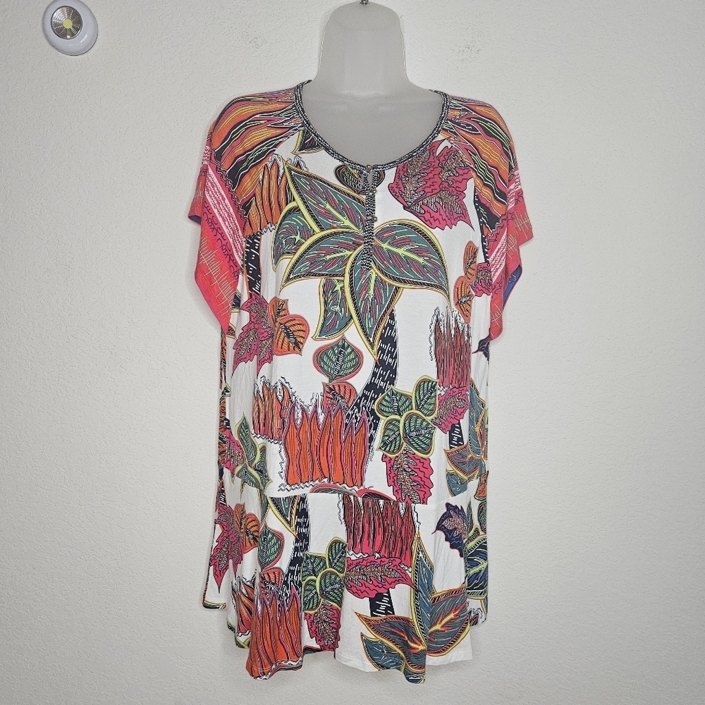 Soft Surroundings Vibrant Tropical Print Peplum Short Sleeve Tunic Super Soft